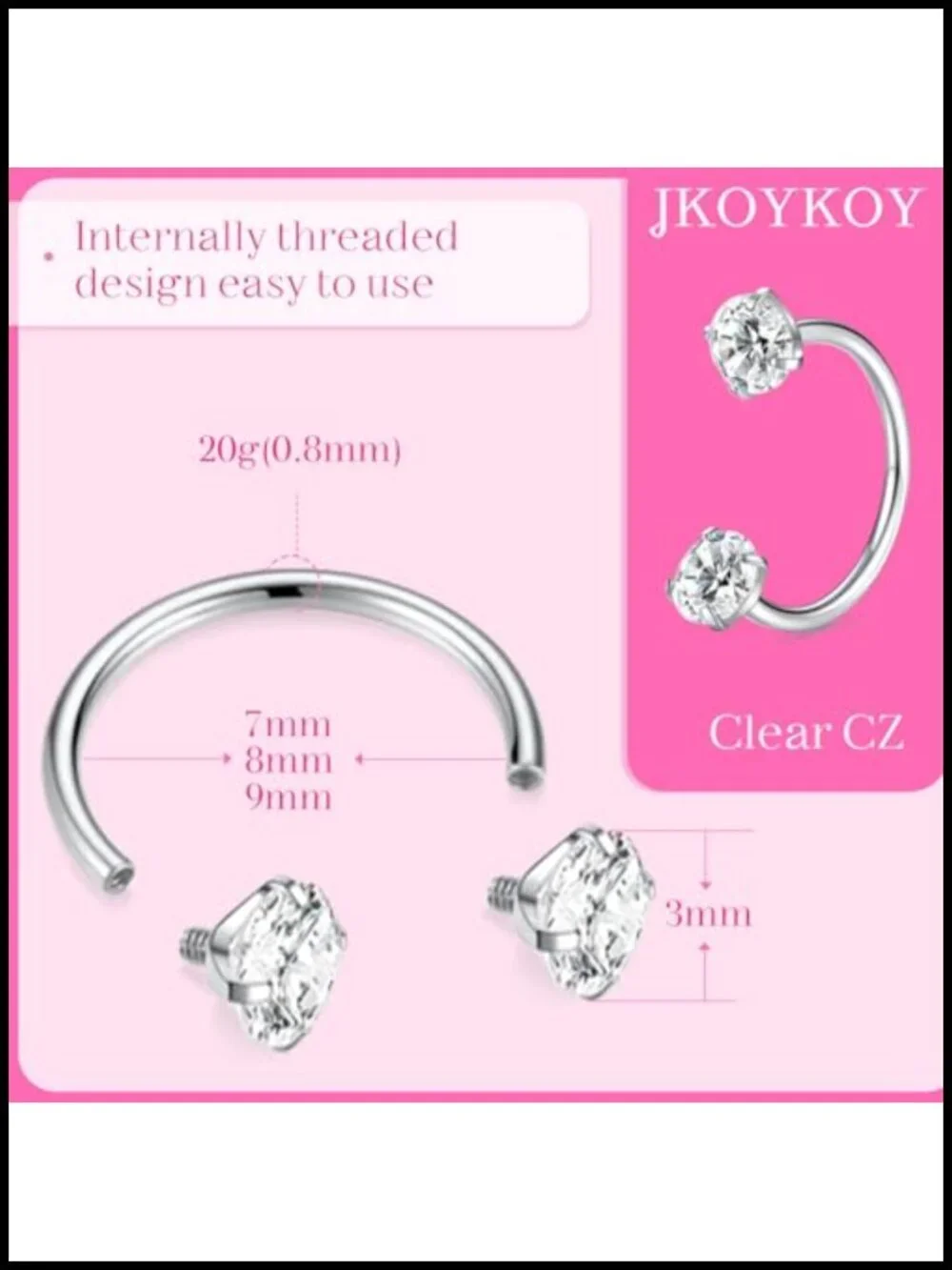 G23 Titanium Horseshoe Nose Ring with CZ, 20G Internally Threaded